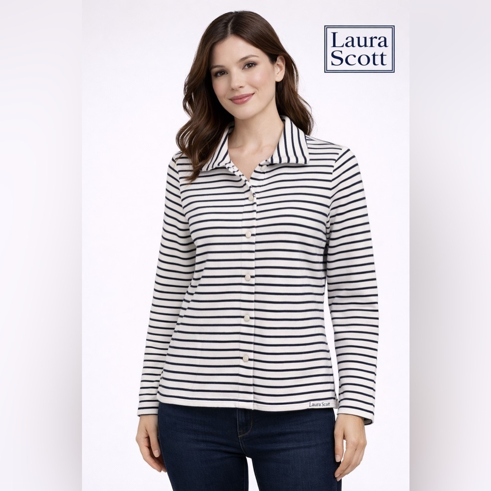 Laura Scott snap button-up striped cardigan sweater size small petite